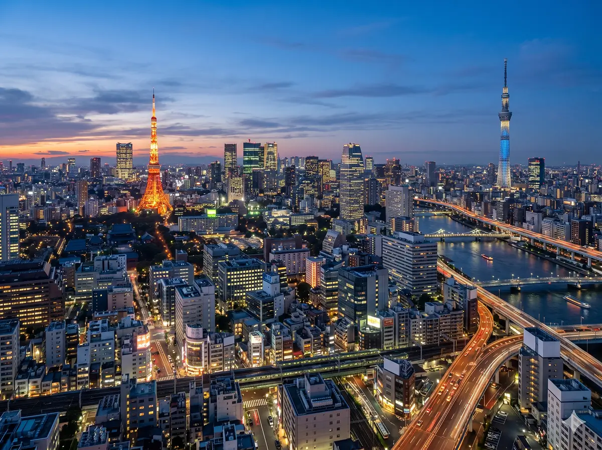 Night cityscape of Tokyo with illuminated Tokyo Tower and Tokyo Skytree, buildings, and roads along a river.