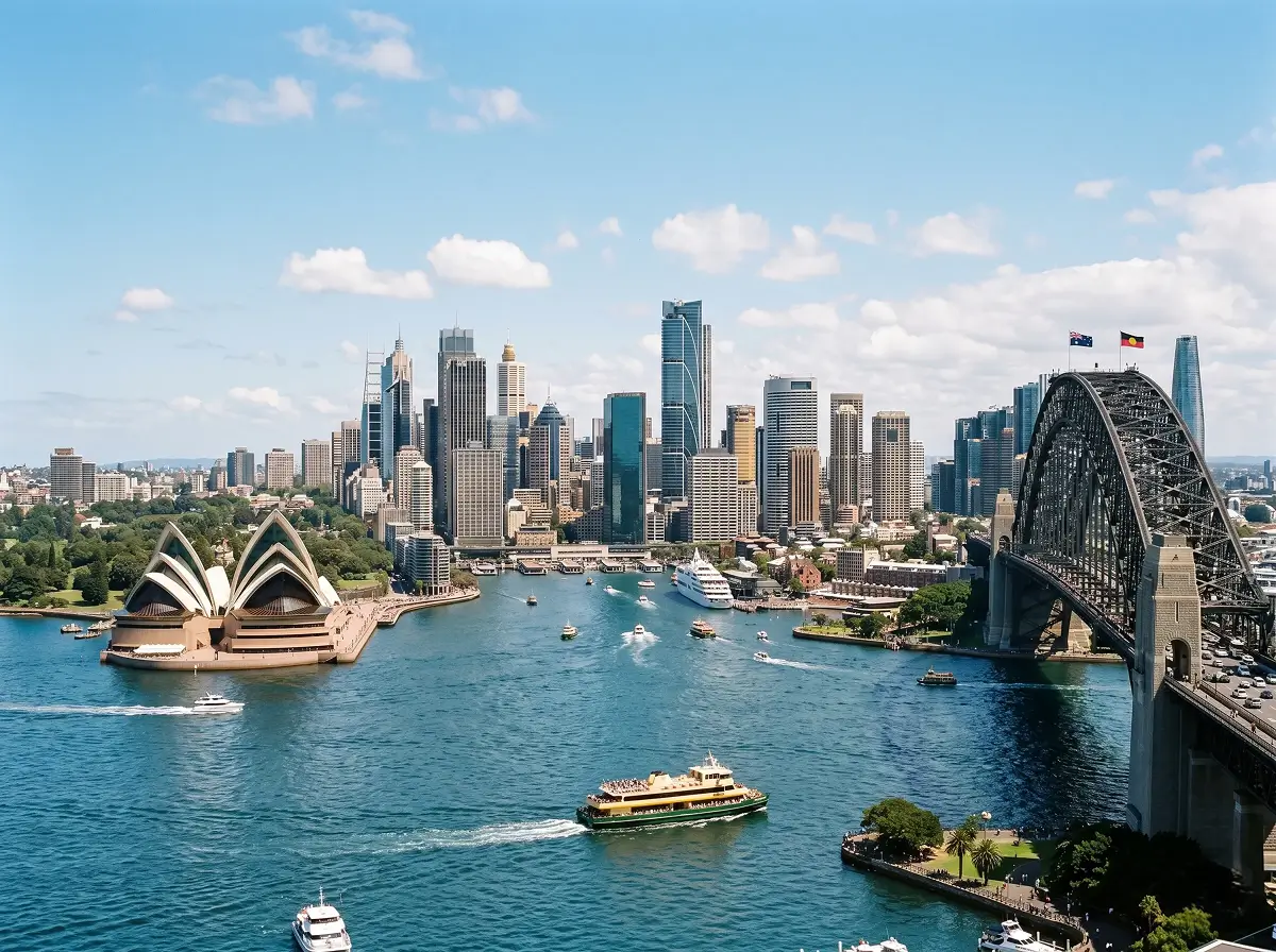 Aerial view of Sydney Opera House, Sydney Harbour Bridge, and city skyline with boats in the water on a sunny day.