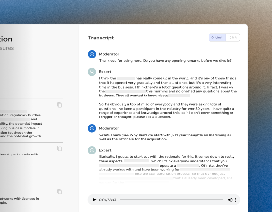 Photo showing a GLG expert call transcript and highlighting that every transcript is reviewed against GLG's compliance standards before it even reaches the library.