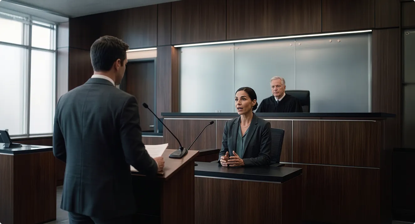 Lawyer questioning a witness in court with judge observing from bench in a modern courtroom.