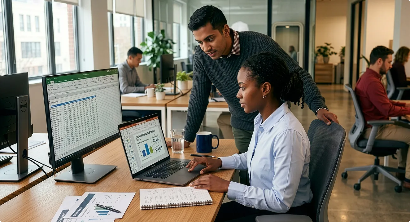 Two coworkers reviewing data charts on a laptop and monitor at a shared office desk.