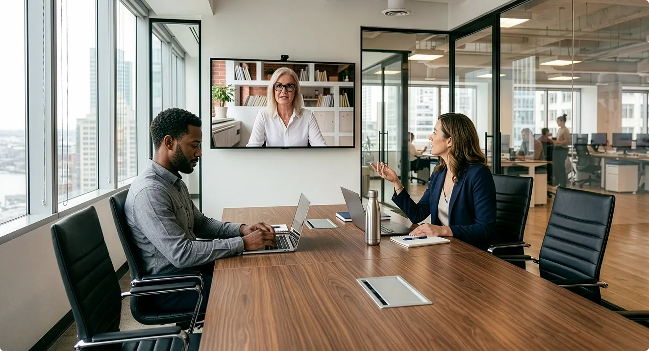 Two colleagues in a conference room with laptops discussing while a woman appears on a video call on a screen.