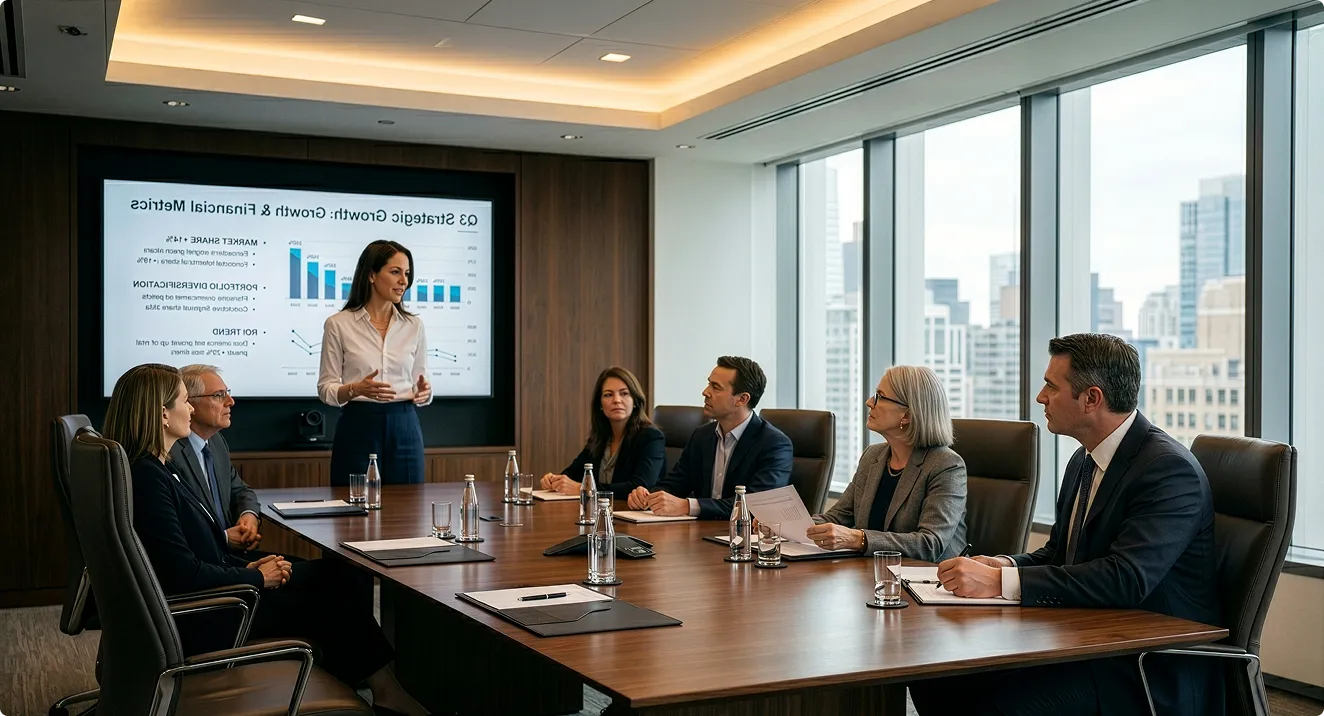 Businesswoman presenting financial growth metrics to six colleagues in a modern conference room.