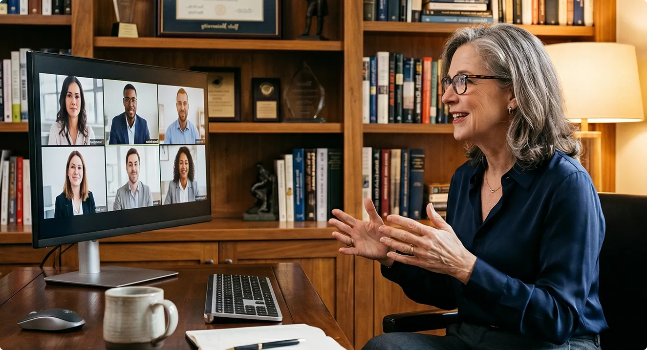 Woman in glasses video conferencing with six colleagues on a computer in a home office.