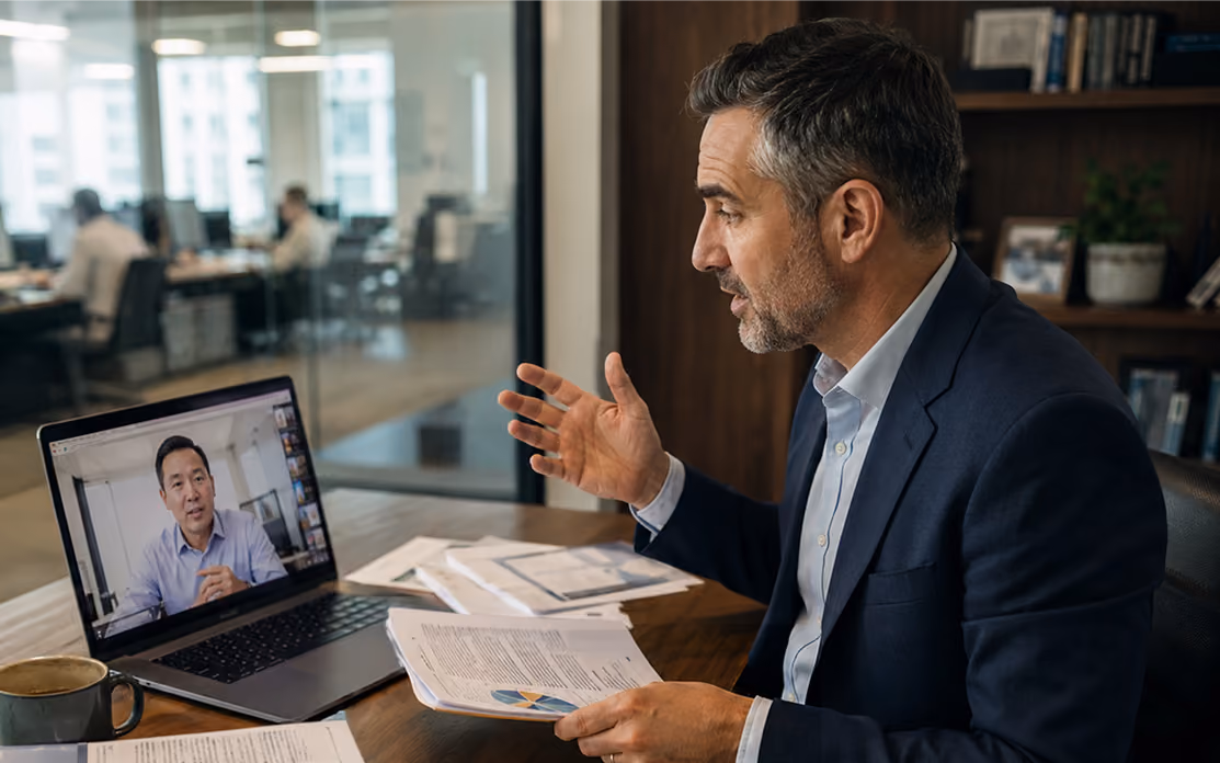Man in suit holding papers speaking during a video call with another man on a laptop in an office.