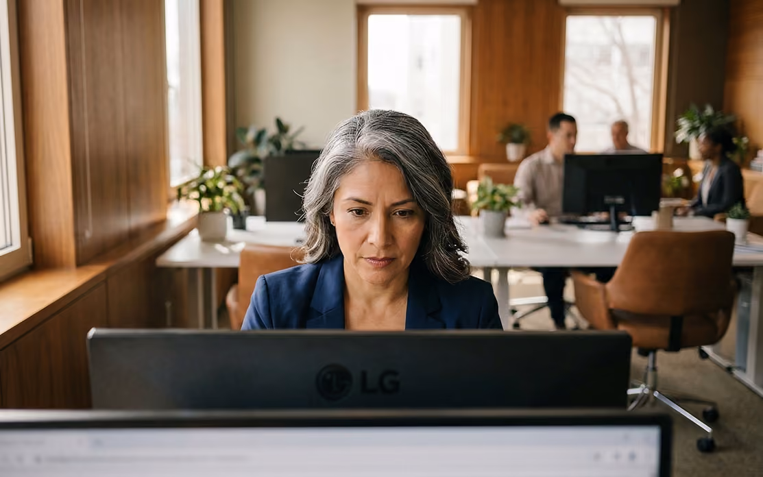 Focused woman working at computer in an office with coworkers and plants in the background.