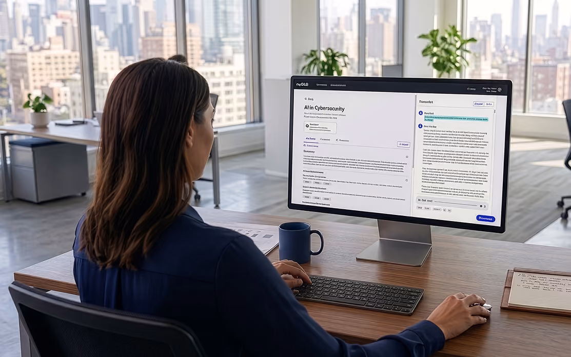 Woman working at desk with cybersecurity content displayed on a desktop monitor in an office.