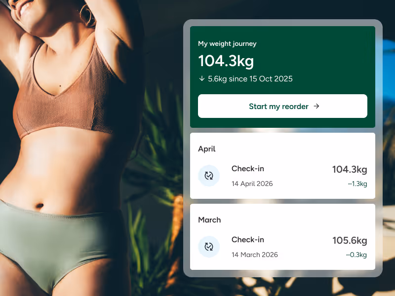 Smiling woman sitting at a wooden table with green tropical leaves overhead and a weight tracking app showing current weight 108.5kg and recent check-ins.