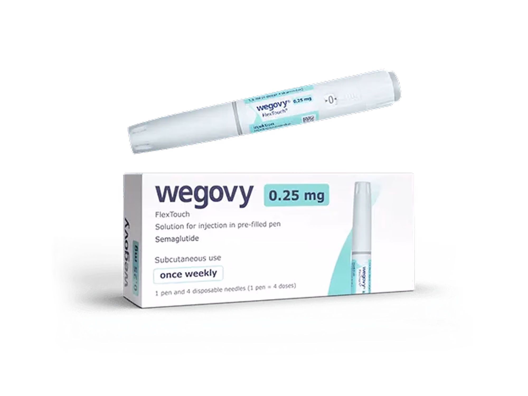 Wegovy 0.25 mg FlexTouch pre-filled injection pen with box for once weekly subcutaneous use.
