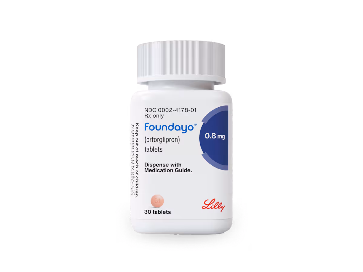 Bottle of Foundayo orforglipron tablets, 0.8 mg, 30 tablets, with Lilly logo.