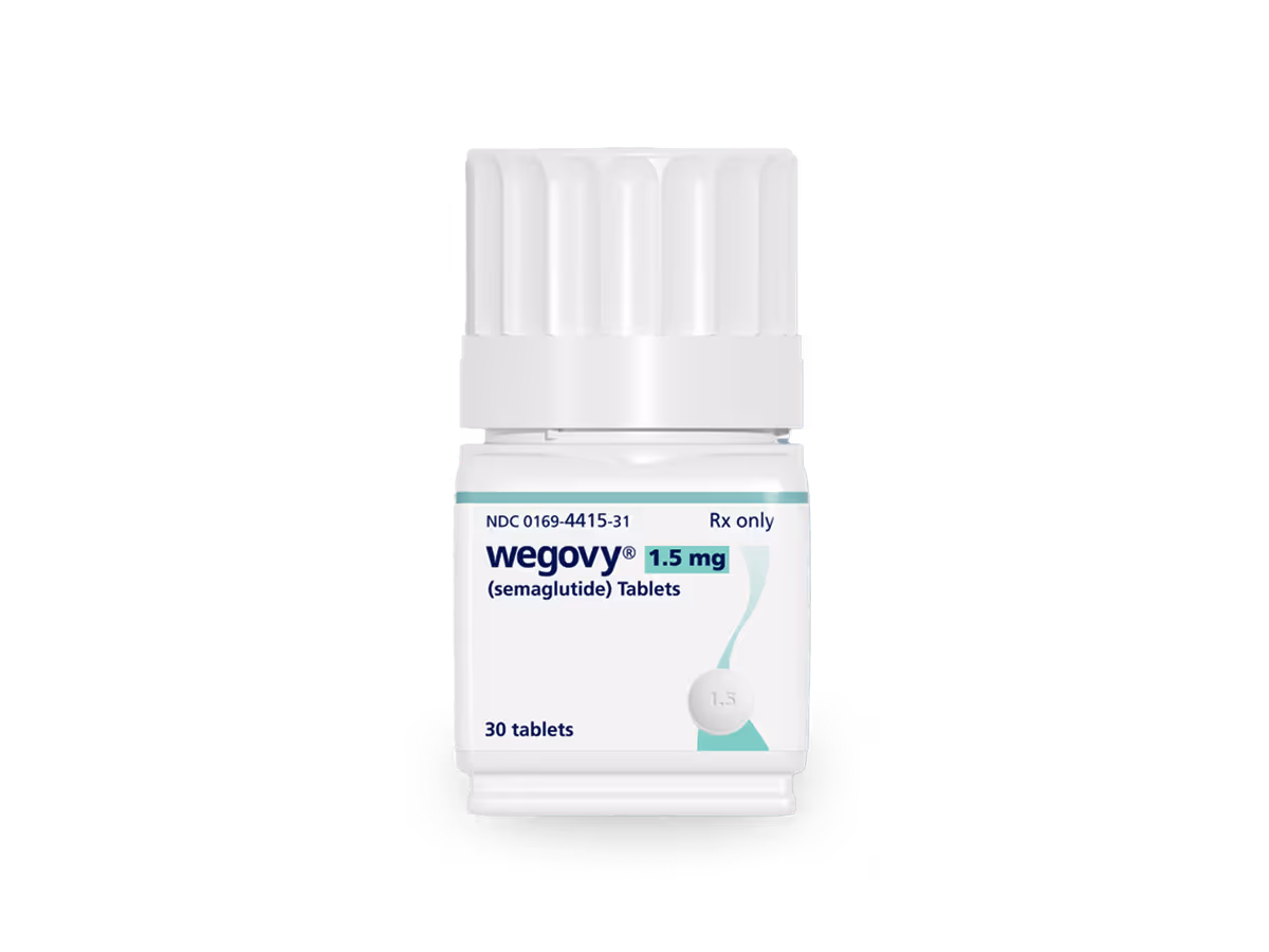 Wegovy 1.5 mg semaglutide tablets bottle with 30 tablets, prescription only.