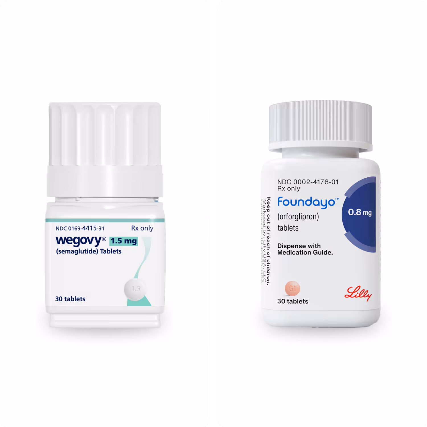 Two white prescription pill bottles labeled Wegovy 1.5 mg and Foundayo 0.8 mg, each with 30 tablets.