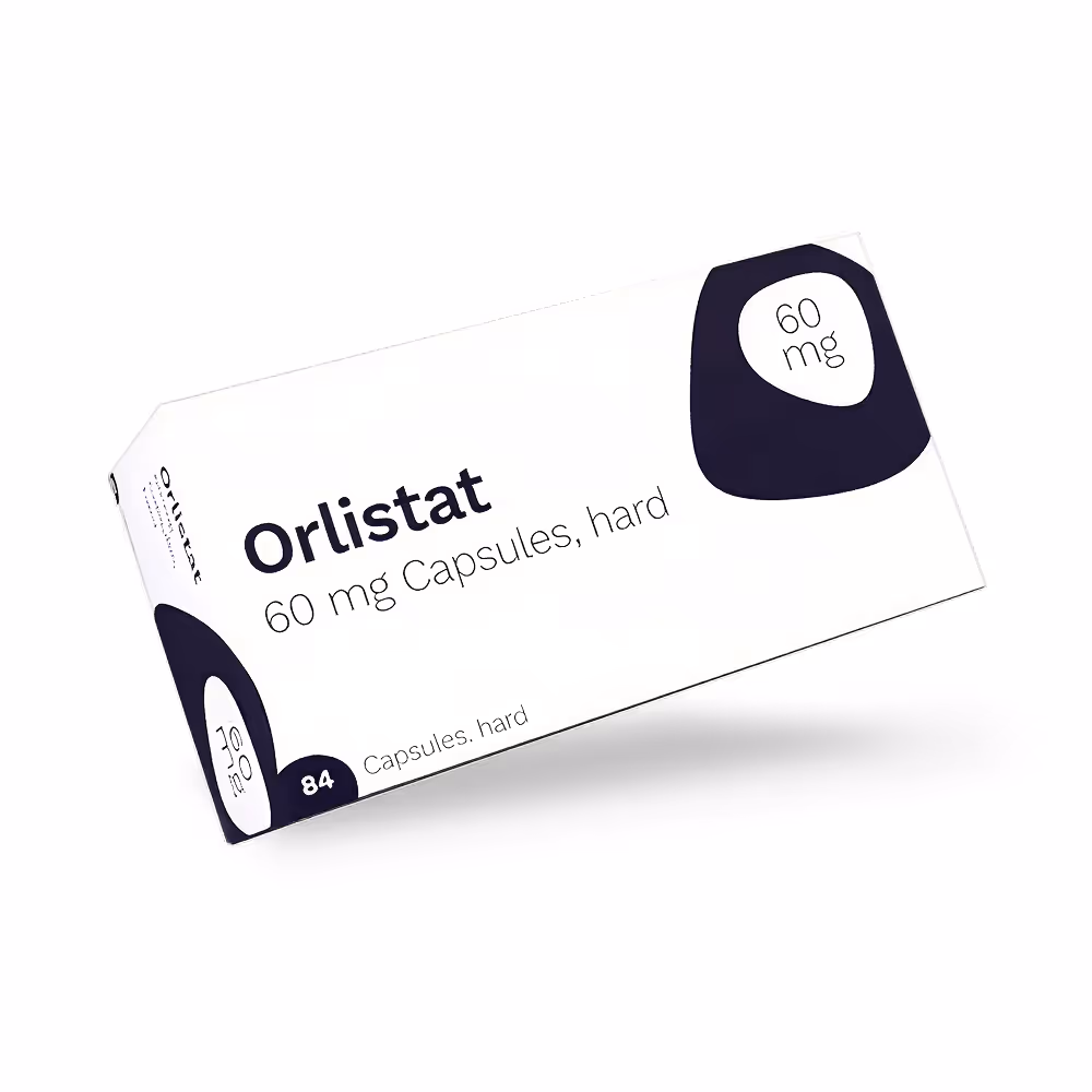 Box of Orlistat 60 mg hard capsules for oral use, contains 84 capsules by Teva.