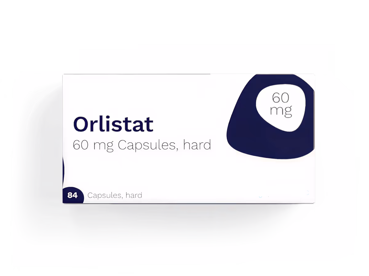 Box of Orlistat 60 mg hard capsules, containing 84 capsules, with blue and white design.
