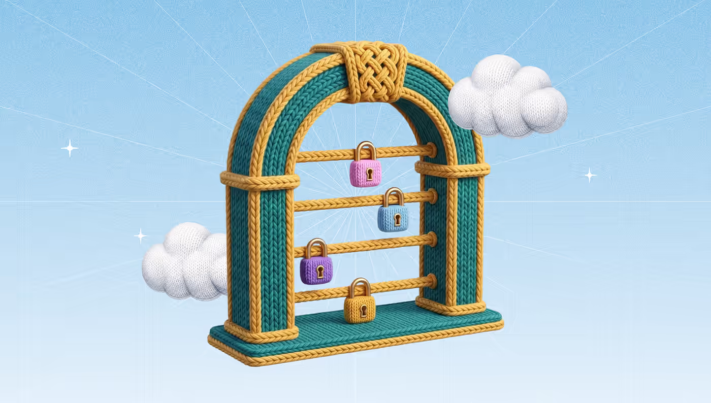 Knitted-yarn illustration of an archway strung with four horizontal rails, each holding a colored padlock, set against a soft blue sky with woolly clouds.