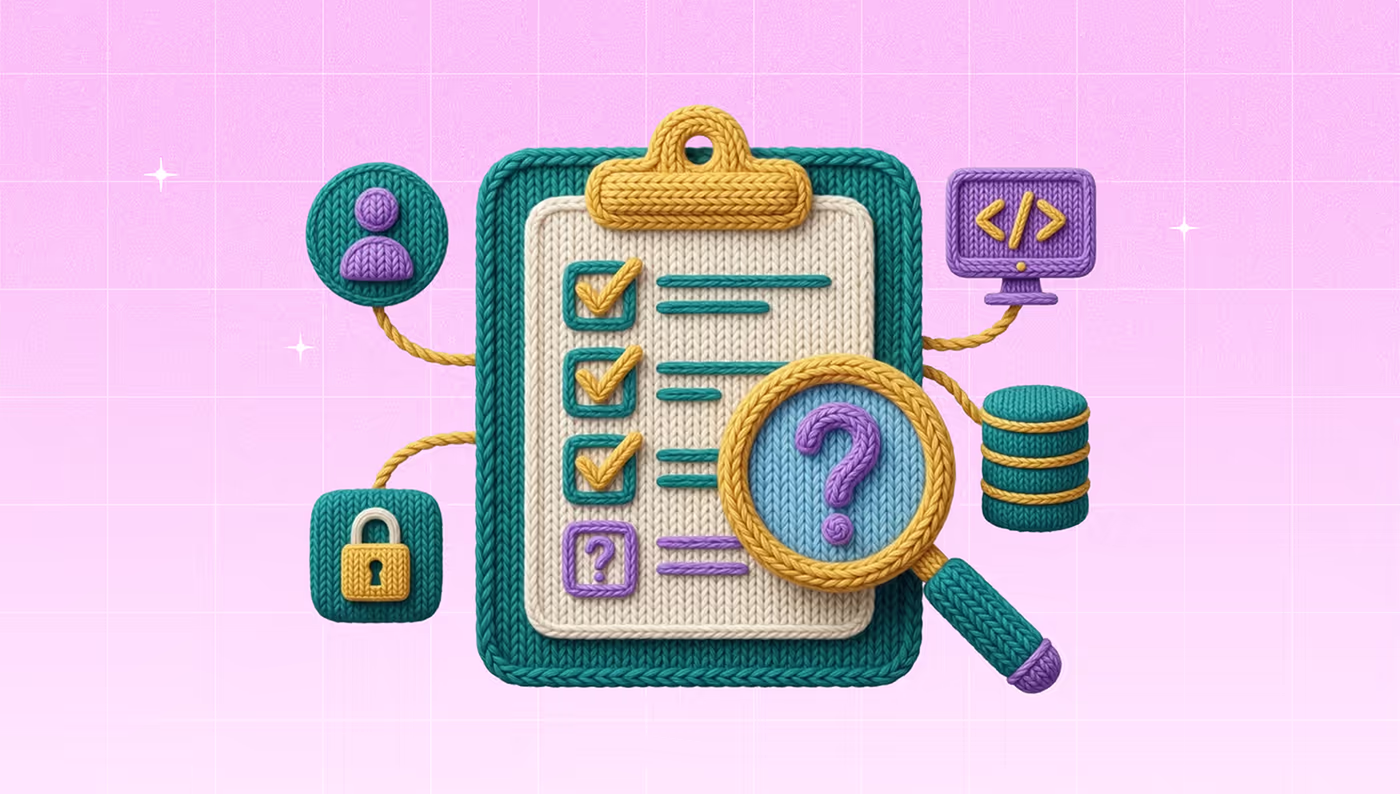 Knitted-yarn illustration of a checklist on a clipboard with a magnifying glass over a question mark, surrounded by user, code, database, and padlock icons, on a pink grid background.