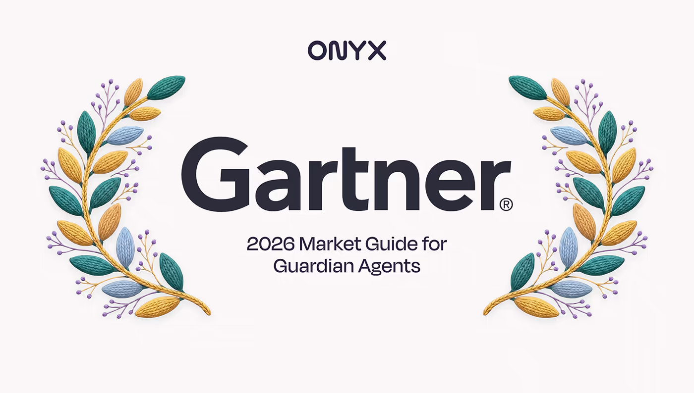 The Onyx logo above the Gartner wordmark, framed by two knitted-yarn laurel branches, with the caption "2026 Market Guide for Guardian Agents."