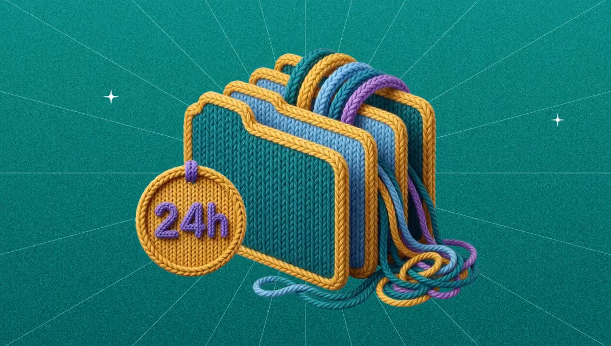 Knitted-yarn illustration of a stack of file folders wrapped in tangled colored cords, tagged with a round "24h" label, on a green starburst background.