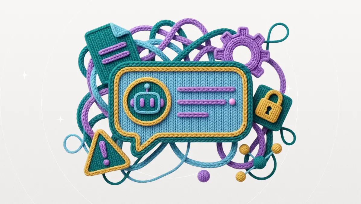 Knitted-yarn illustration of an AI chat bubble with a robot icon, surrounded by a tangle of yarn threads, a padlock, a warning triangle, a gear, and a document.