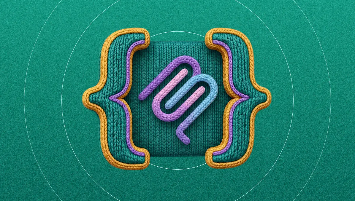 Knitted-yarn illustration of curly brackets framing a tangled cord, evoking a code snippet, on a green background.