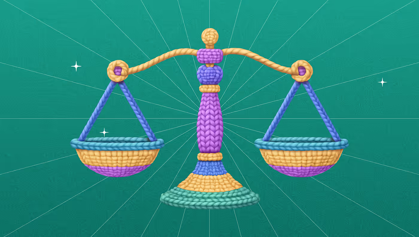 Illustration of a knitted yarn balance scale with two empty pans on a teal background