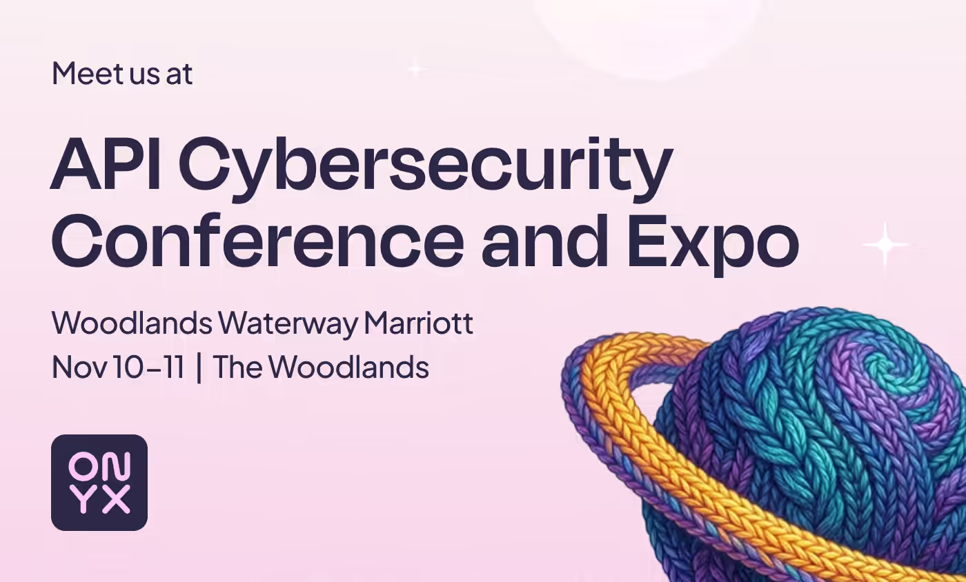 Meet us at the API Cybersecurity Conference and Expo, Woodlands Waterway Marriott, Nov 10–11, The Woodlands. Onyx event card with a knitted yarn planet ringed in gold.
