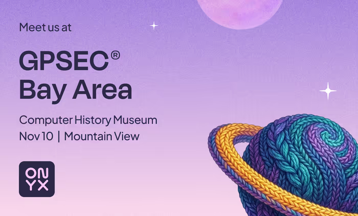 Meet us at GPSEC Bay Area, Computer History Museum, Nov 10, Mountain View. Onyx event card with a knitted yarn planet ringed in gold.