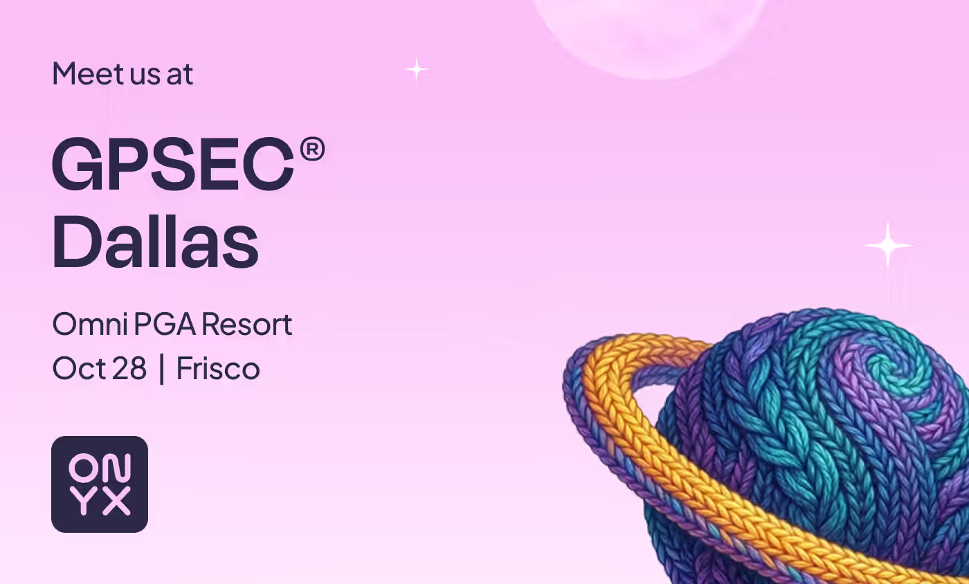 Meet us at GPSEC Dallas, Omni PGA Resort, Oct 29, Frisco. Onyx event card with a knitted yarn planet ringed in gold.