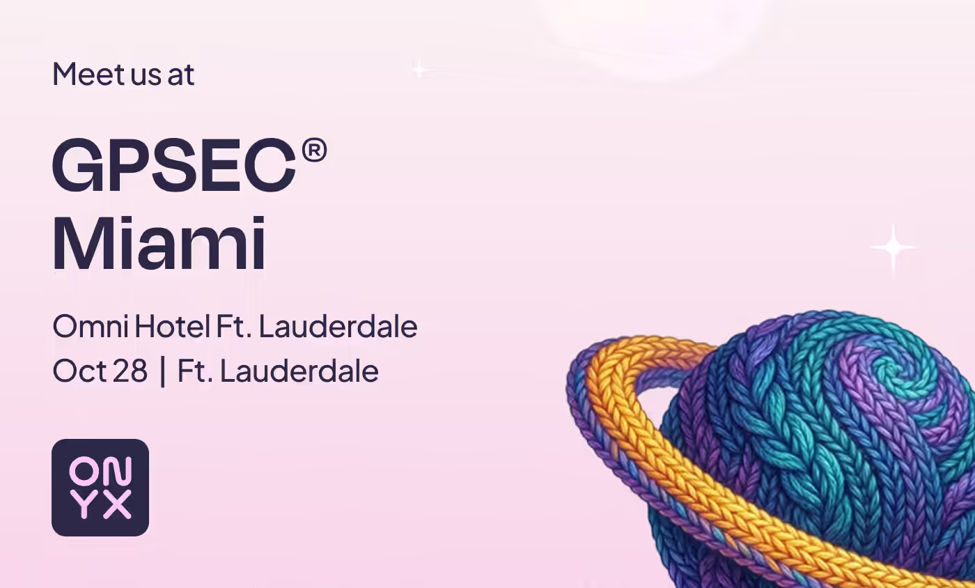 Meet us at GPSEC Miami, Omni Hotel Ft. Lauderdale, Oct 28, Ft. Lauderdale. Onyx event card with a knitted yarn planet ringed in gold.