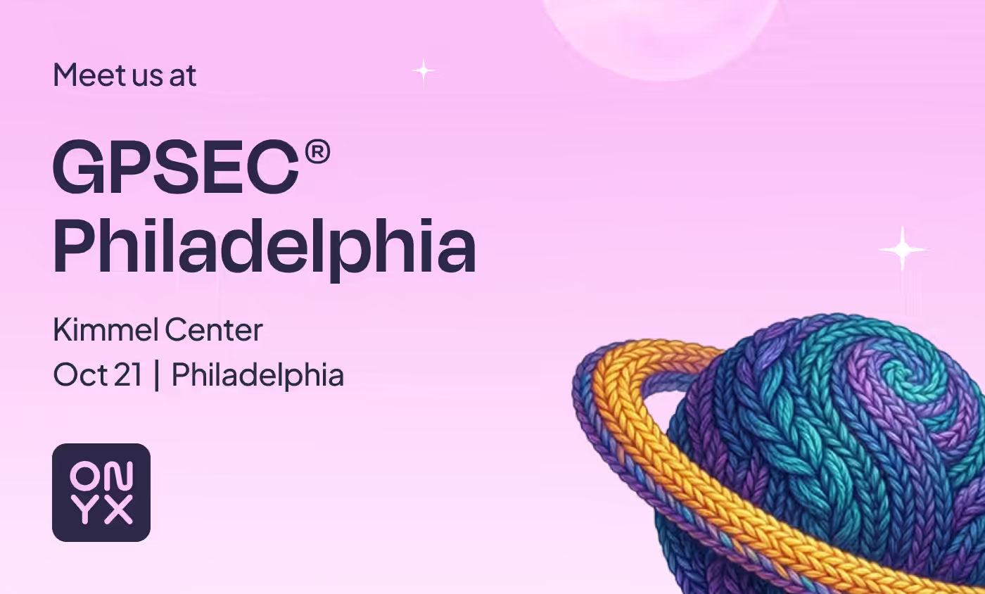 Meet us at GPSEC Philadelphia, Kimmel Center, Oct 21, Philadelphia. Onyx event card with a knitted yarn planet ringed in gold.