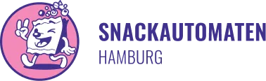 Fröhliches animiertes Snack-Maskottchen mit Peace-Zeichen neben dem Text 'Snackautomaten Hamburg'.