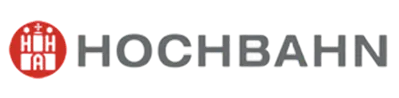 Logo der HOCHBAHN mit rotem Kreis und weißen Buchstaben H, O, C, H, B, A, H, N daneben.