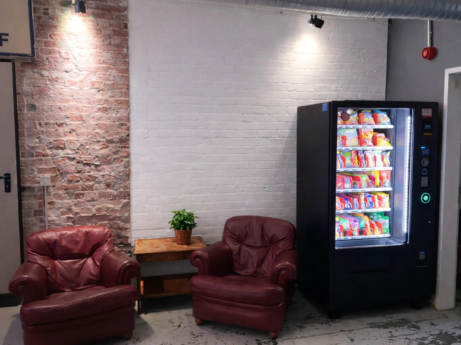 Schwarzer Getränkeautomat mit verschiedenen Flaschen- und Dosengetränken vor rosa Hintergrund.