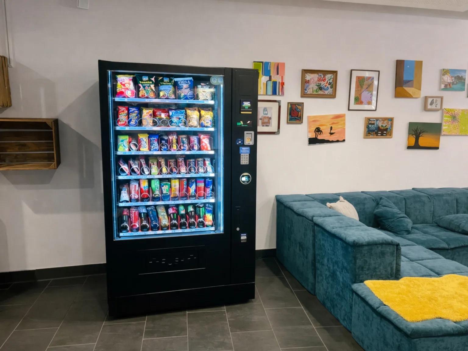 Schwarzer Snack- und Getränkeautomat vor pinker Wand mit verschiedenen Getränken und Snacks.