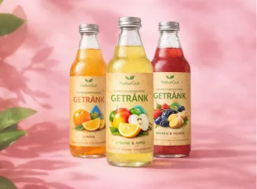 Fruchtige Säfte und Schorlen aus dem Alten Land in Glasflaschen vor natürlichem Hintergrund