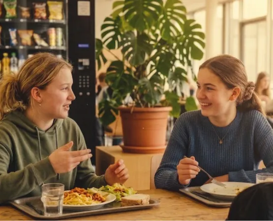 Zwei Schülerinnen sitzen am Tisch mit Snackautomat im Hintergrund in einer Lernumgebung