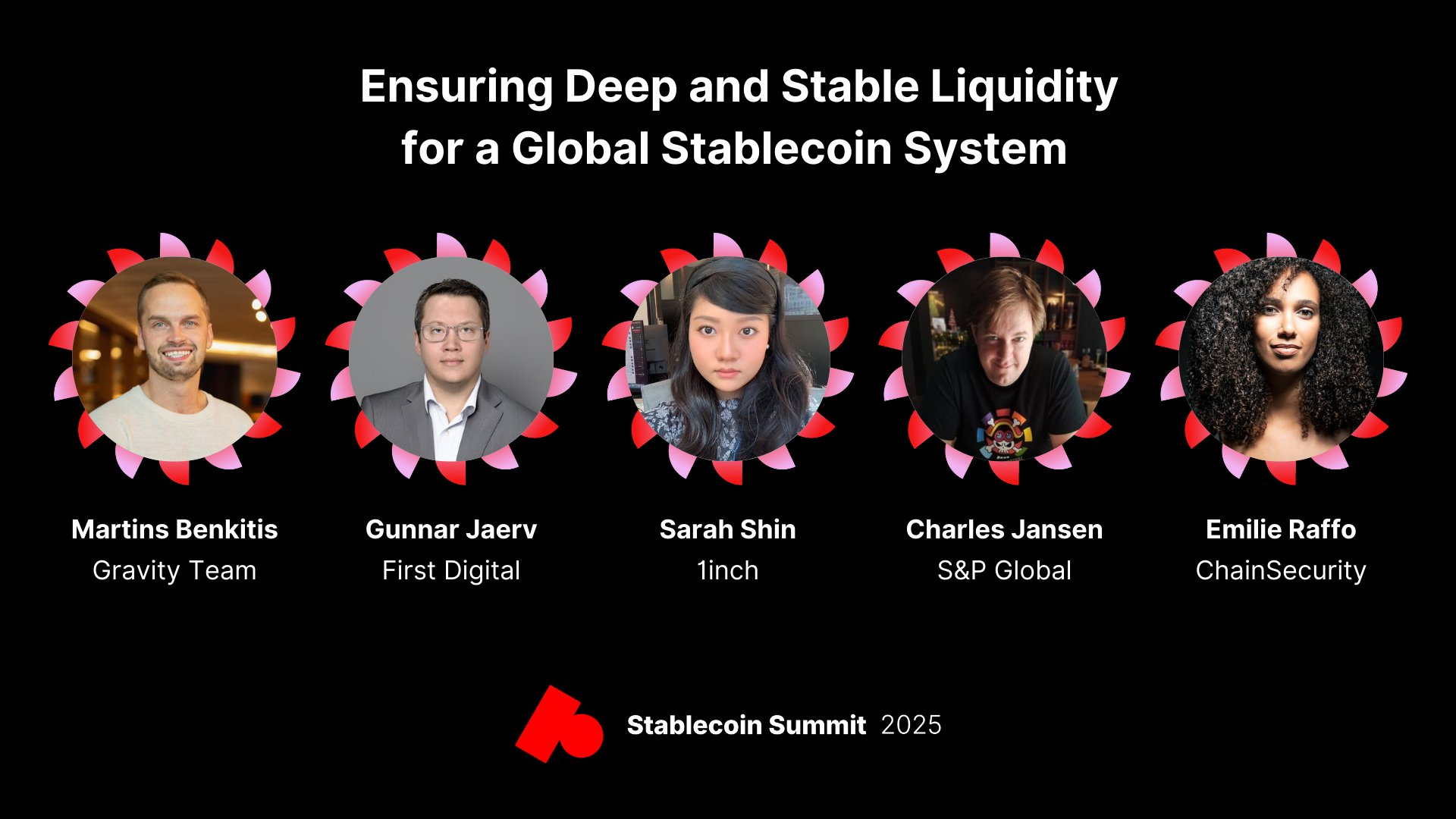 Five speakers, including Martins Benkitis, Gunnar Jaerv, Sarah Shin, Charles Jansen, and Emilie Raffo with their companies, are featured for a Stablecoin Summit 2025 panel on liquidity at token2049.