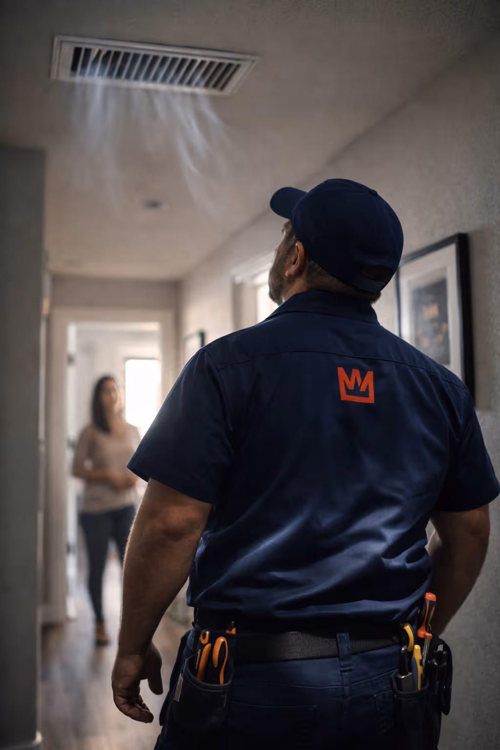 Technician in navy uniform inspecting a ceiling air vent with visible airflow inside a home hallway.