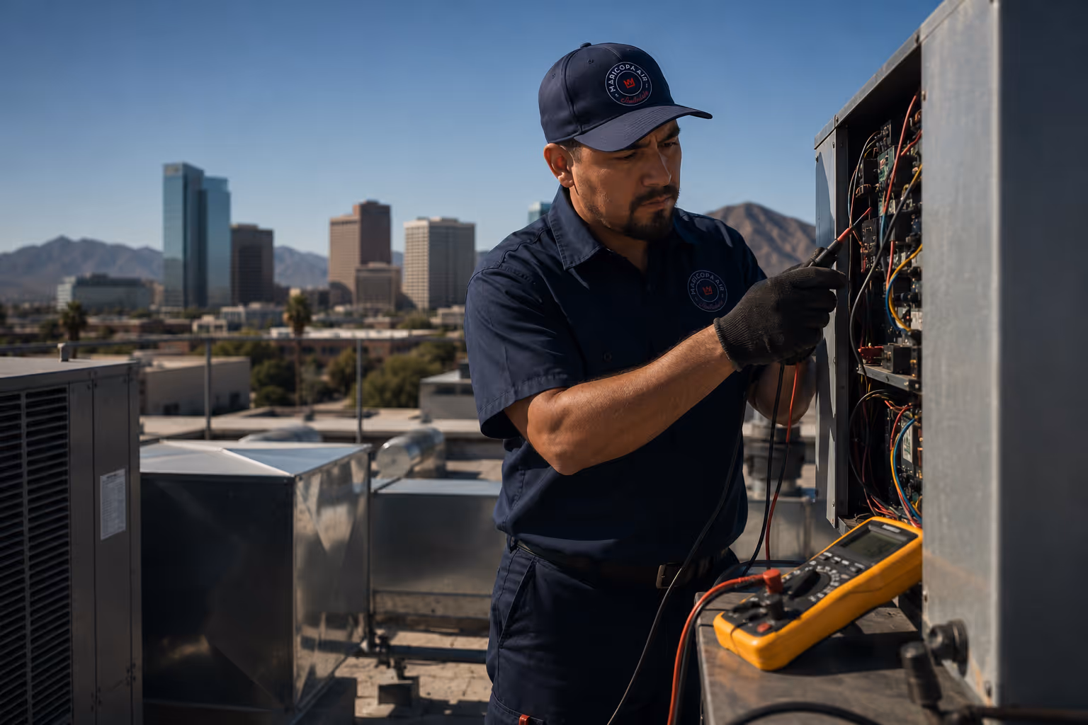 HVAC technician testing electrical components on rooftop unit with multimeter in a city skyline setting.