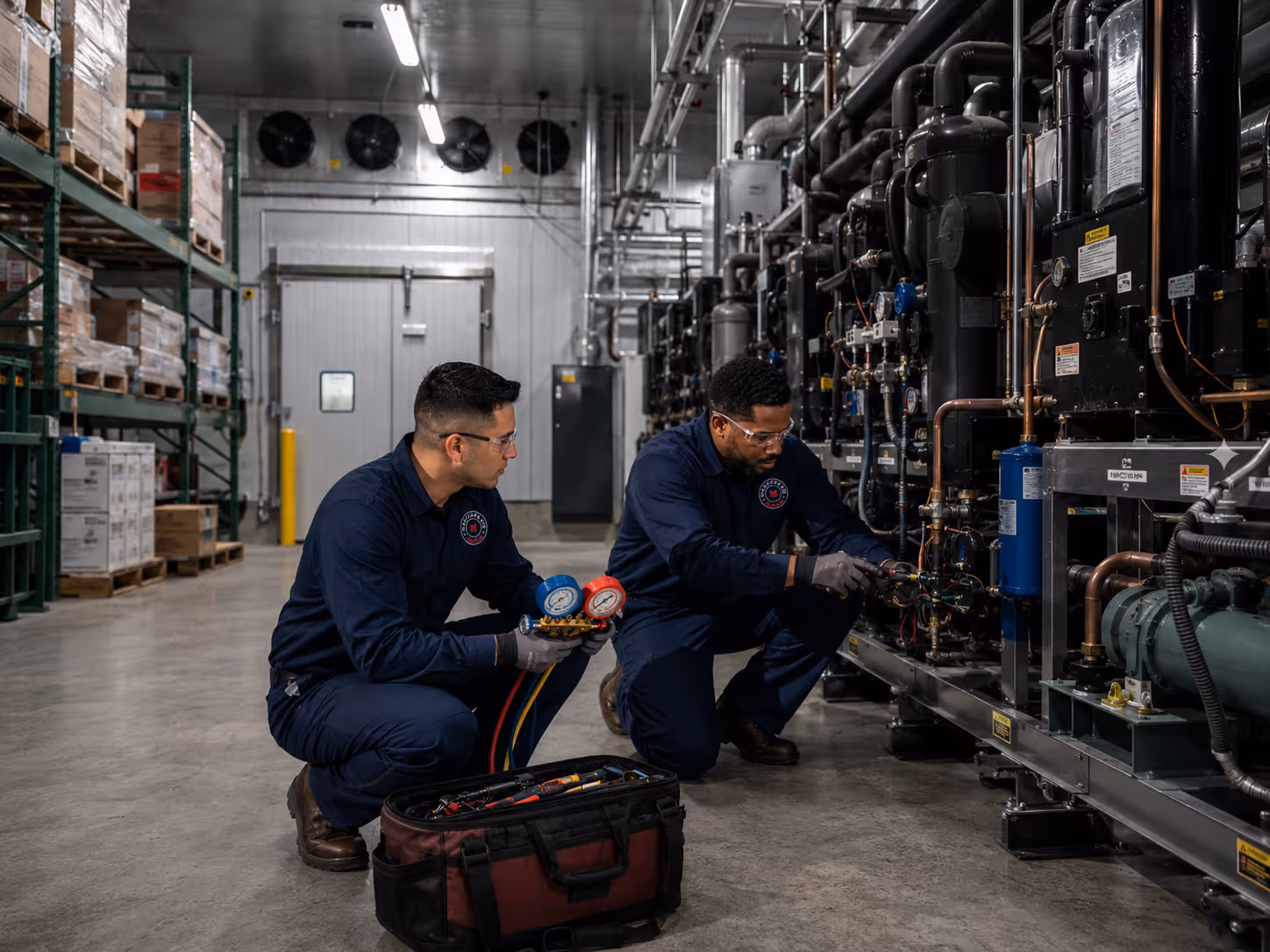 Two technicians in blue uniforms working on commercial refrigeration equipment in an industrial facility.