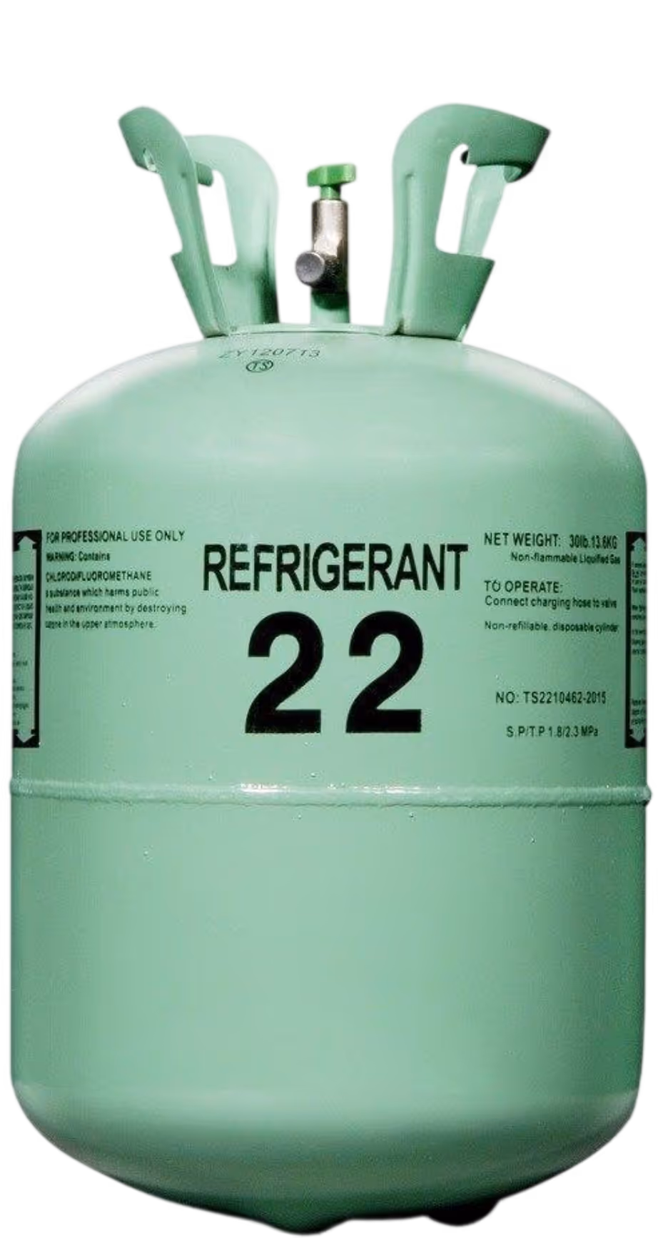 Green cylinder labeled 'Refrigerant 22' for professional use, with valve and handles on top.