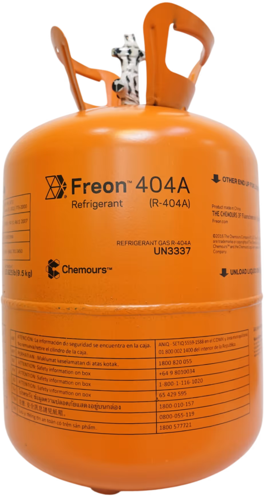 Orange Freon 404A refrigerant gas cylinder labeled Chemours with safety info and handling instructions.