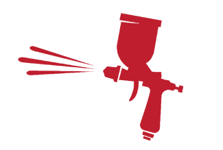 Red spray paint gun spraying paint from the nozzle.