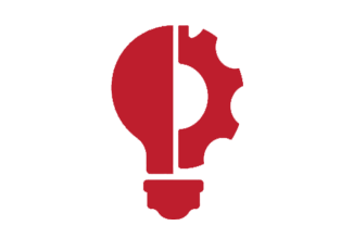 Red icon combining a light bulb and a gear symbolizing innovation and technical ideas.