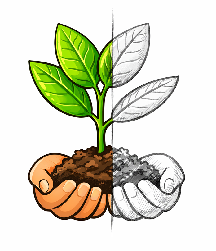 Illustration of two hands holding soil with a green plant sprouting, half of the image is in color and the other half is a pencil sketch.