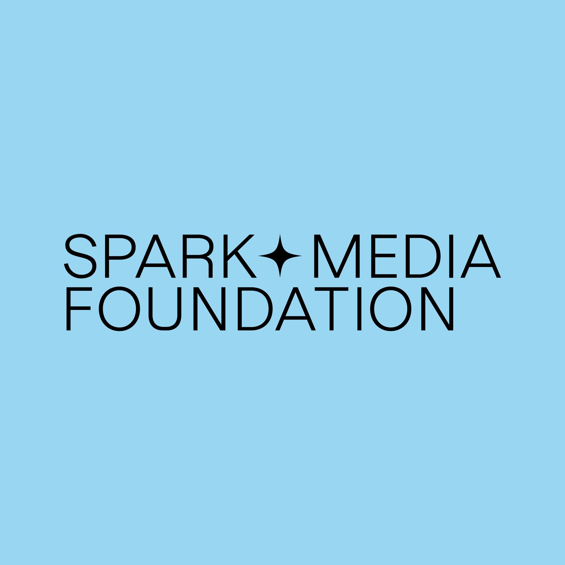 Spark Media Foundation wordmark on a sky-blue background: "SPARK ✦ MEDIA FOUNDATION" in black geometric sans-serif type with a four-pointed star as the brand signet between "Spark" and "Media" – logo design by VANDUER Hamburg