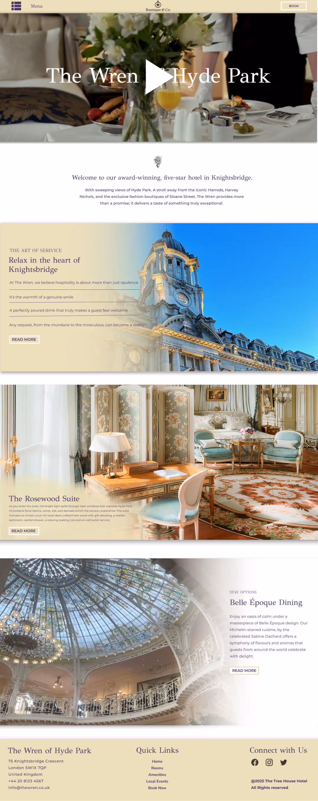 Preview of The Wren luxury hotel website design by Bounique & Co