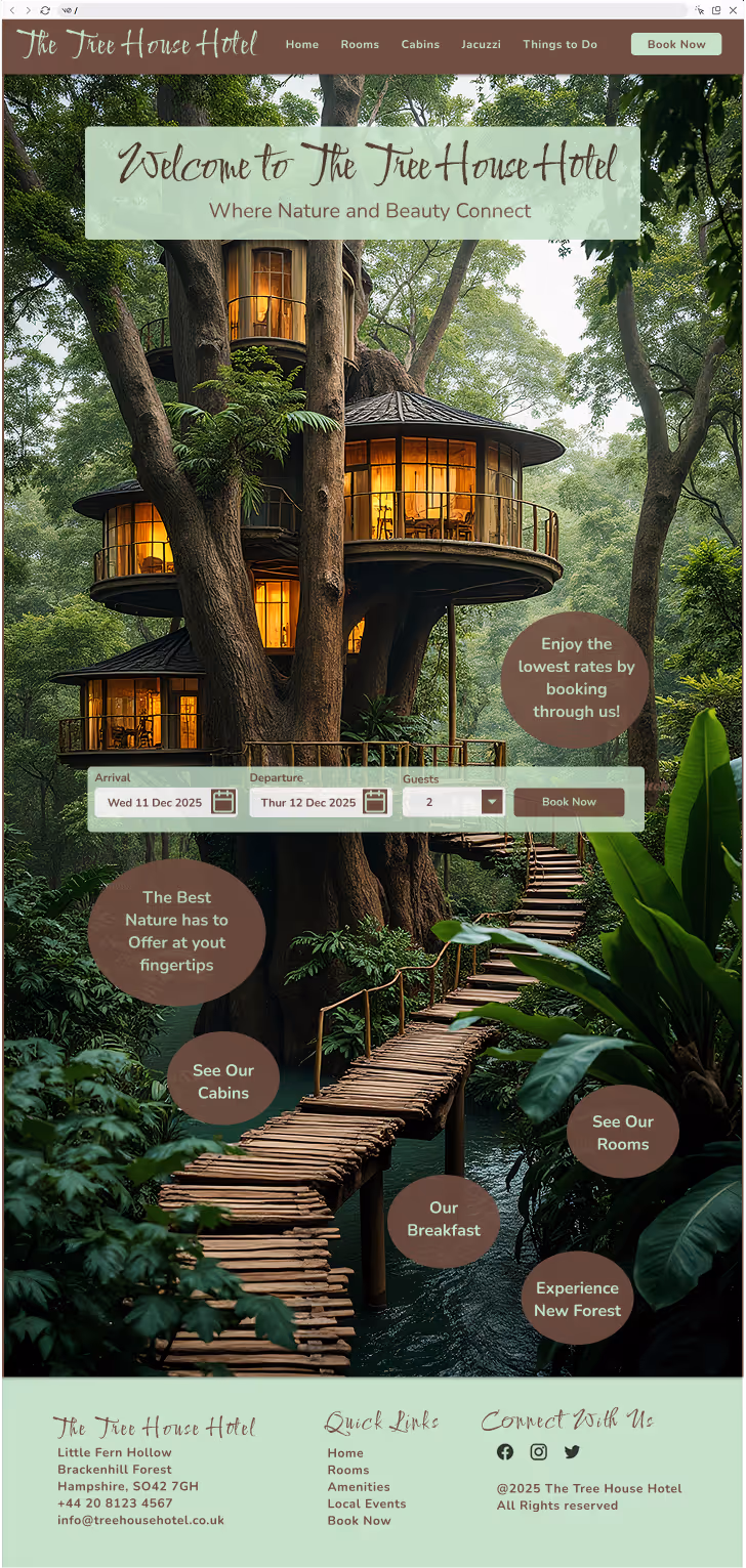 Treehouse eco retreat website homepage featuring luxury woodland accommodation and nature-inspired design by Bounique & Co.
