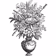 "Detailed black and white botanical engraving of flowers arranged in an ornate vase"