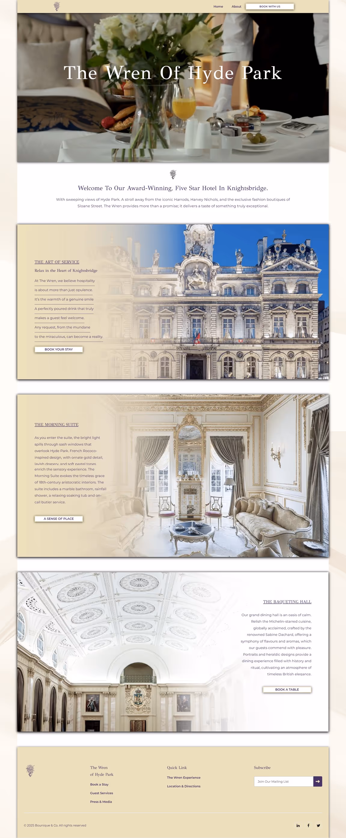 Website design for The Wren of Hyde Park hotel with breakfast tray hero and luxury interiors.